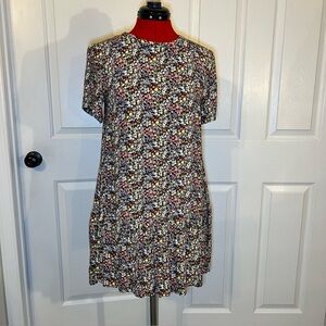 LOFT Short Sleeve Baby Doll Black & Floral Mini Short One Tier Dress Womens XS